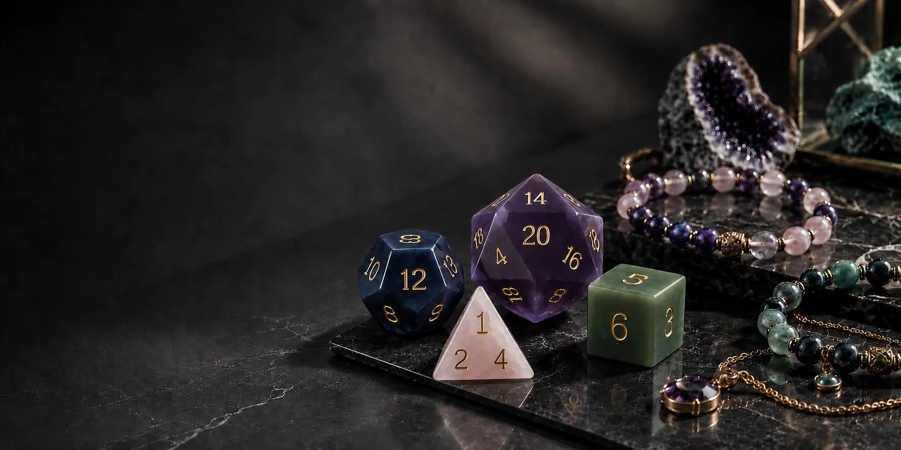 Custom gemstone dice and beaded jewelry β amethyst d20, rose quartz and aventurine with gold engraving on dark marble