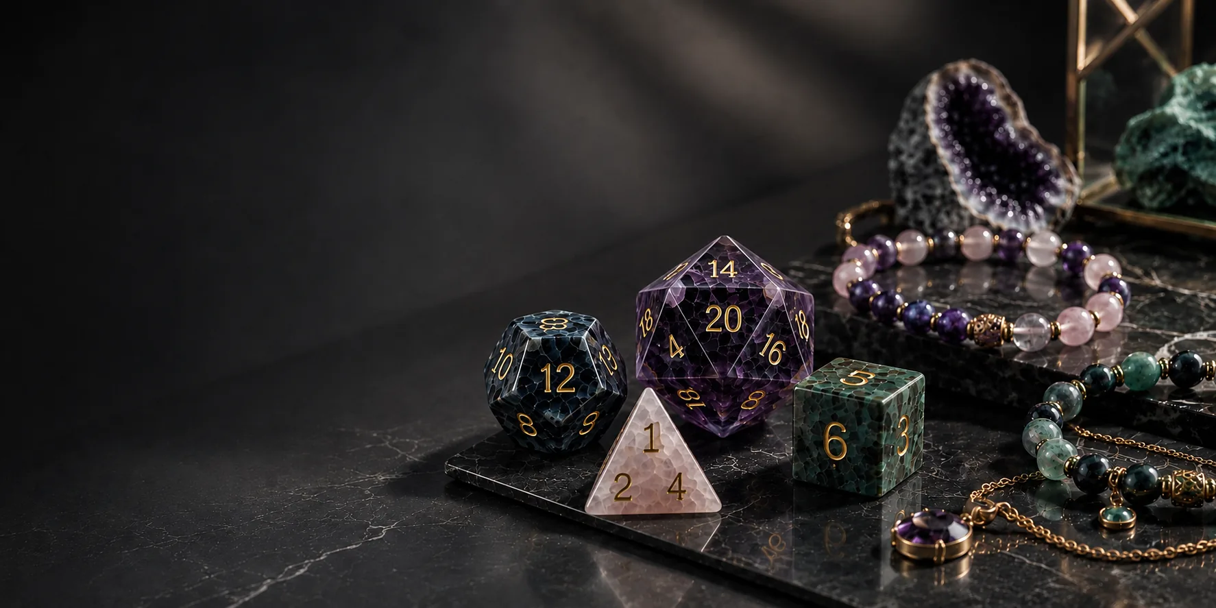 Custom gemstone dice and beaded jewelry β amethyst, rose quartz and agate with gold engraving on dark marble